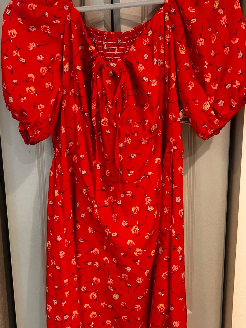 Red Floral Puff Sleeve Midi Dress